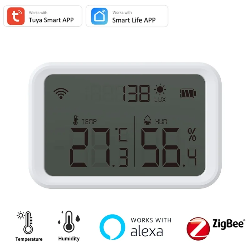 

Датчик температуры и влажности Tuya Zigbee, датчик освесветильник ности, гигрометр, термометр с ЖК-экраном, поддержка Alexa и Google