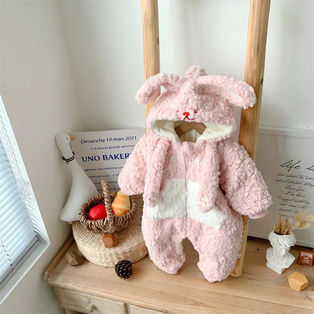 

Осенне-зимние комбинезоны для маленьких девочек в Корейском стиле, хлопковый комбинезон с плюшевой подкладкой и мультяшным рисунком, комбинезон для девочек с шерстяными зажимами, куртка, верхняя одежда для маленьких девочек