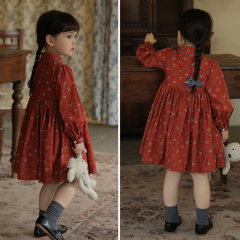 

Unishuni Girls Dresses Long Sleeve Floral Printed Autumn Winter Red Dress Kids Christmas Party Dress Vintage Toddler Clothes