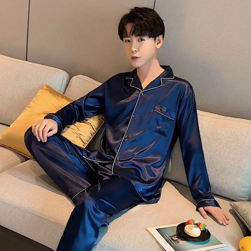 Silk Men Pyjamas Set Long sleeves Casual Home Wear Suits Spring Autumn Satin Boy Pajama Sets Leisure Shorts Male Sleepwear Set