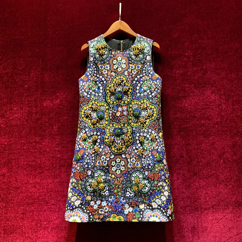 

European and American women's wear spring 2022 new Sleeveless heavy studded round neck Vintage floral jacquard dress