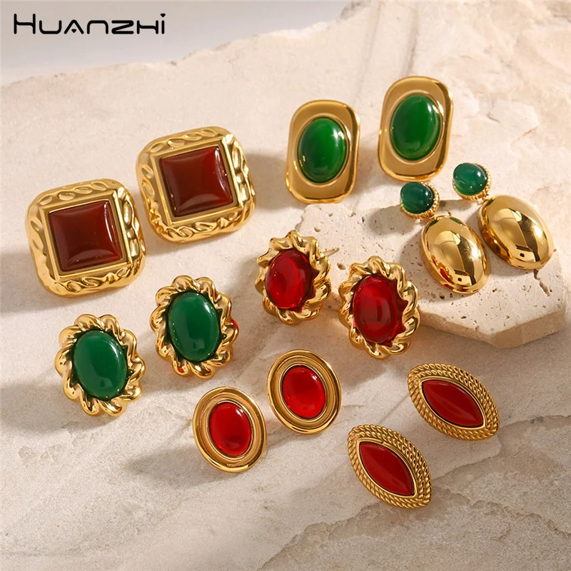 HUANZHI винтажные серьги-гвоздики из нержавеющей стали красные зеленые