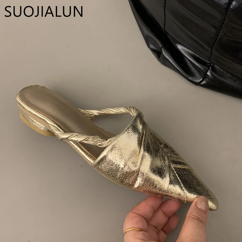 SUOJIALUN 2023 Summer New Women Sandal Fashion Gold Narrow Band Ladies Dress Slides Flat Heel Outdoor Dress Sandal Slipper Shoes