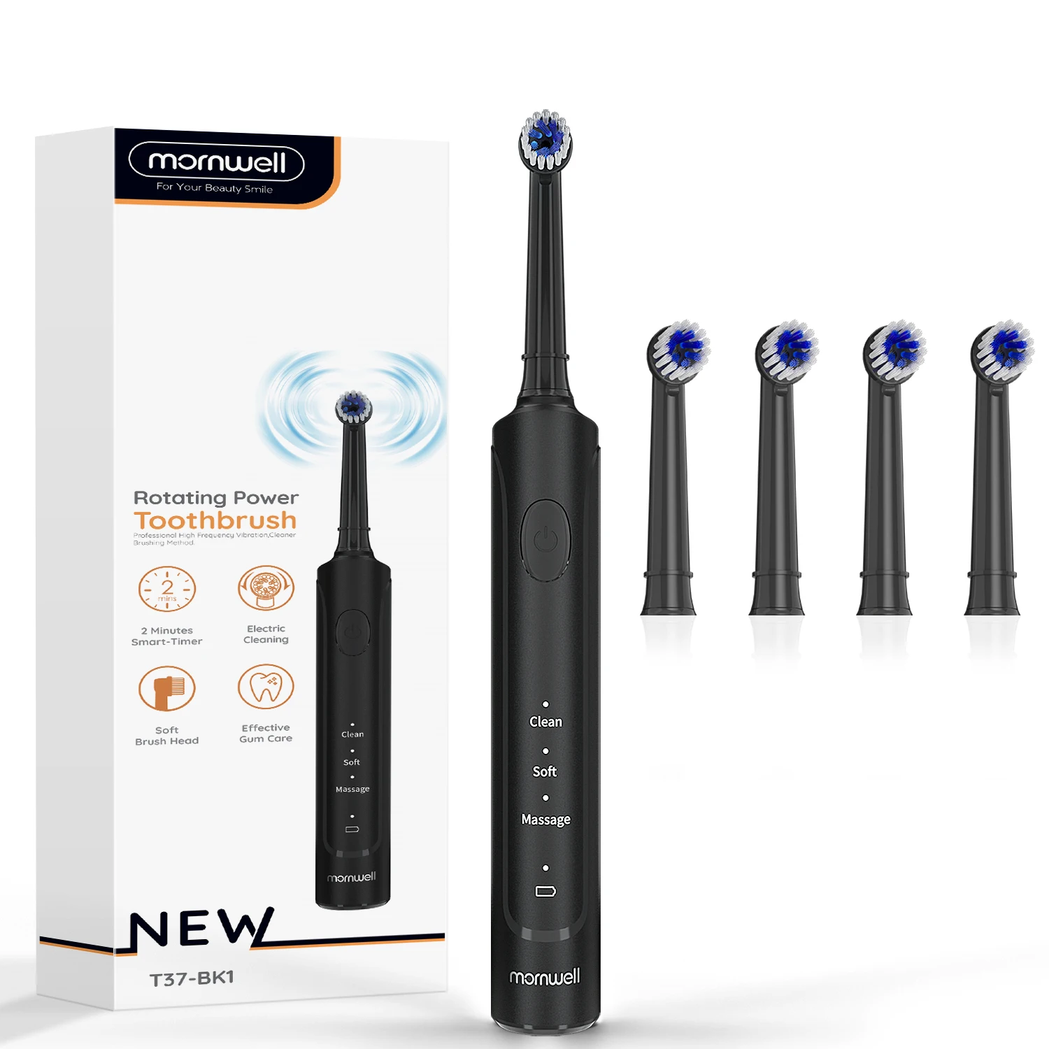 Вращающаяся электрическая зубная щетка Mornwell T37 с 4 дополнительными сменными