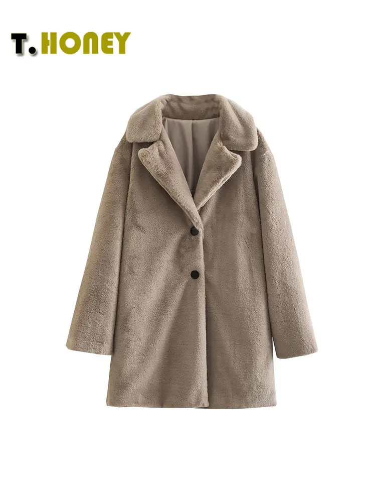 

TELLHONEY Women Fashion Notched Collar Single Breasted Faux Fur Casacos Jacket Coat Female Long Sleeves Loose Thick Warm Outfits