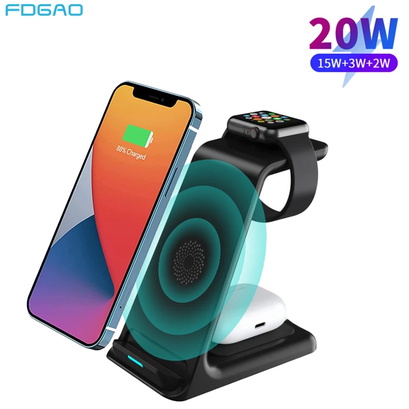 

Беспроводное зарядное устройство Qi 3 в 1, док-станция для быстрой зарядки для iPhone 13, 12, 11, XS, XR, X, 8, Apple Watch 7, 6, SE, 5, 4, Airpods Pro, 20 Вт