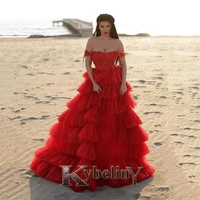kybeliny red tiered strapless evening dresses aline prom robe de soiree graduation celebrity vestidos fiesta women formal