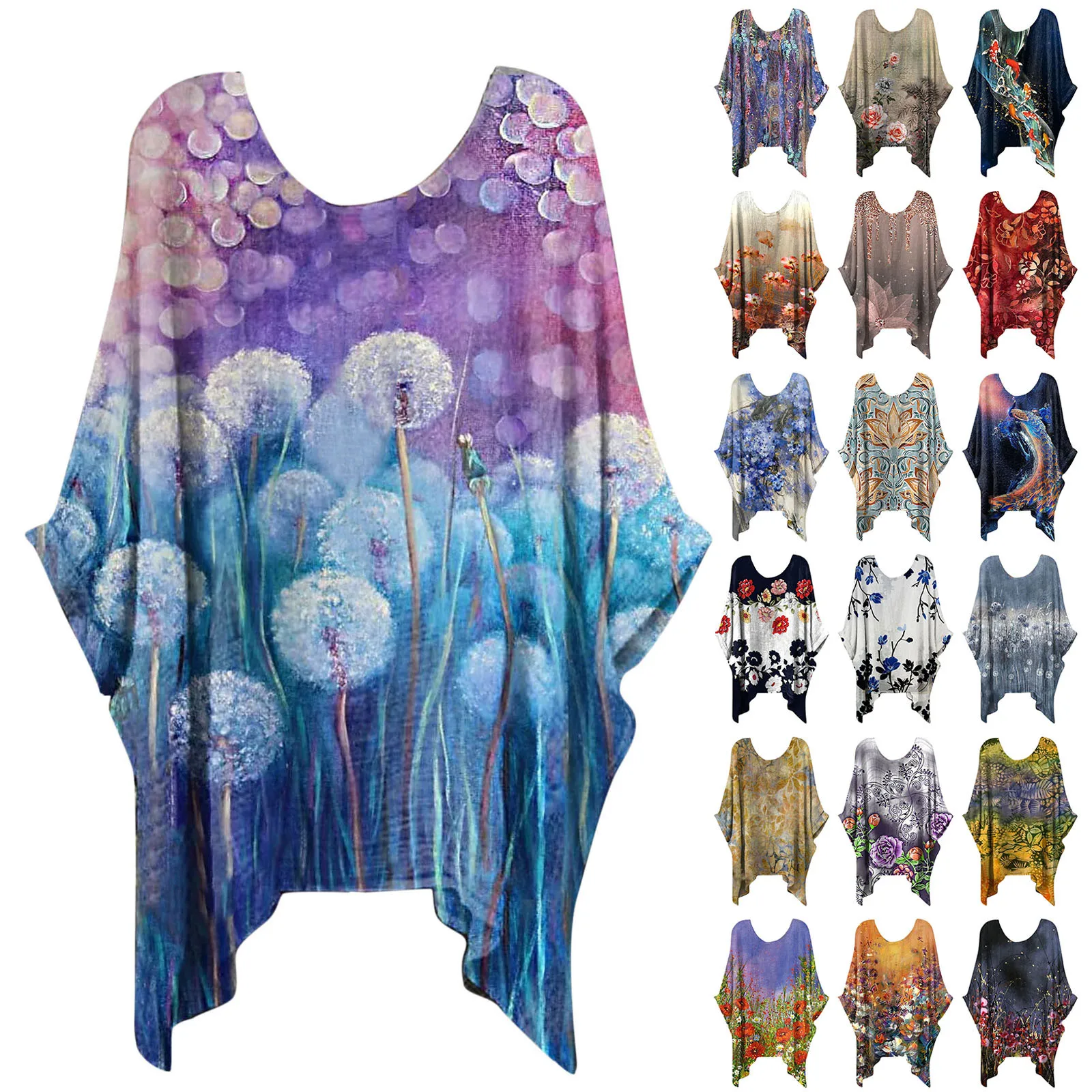 

Women Casual Blouse Tops Three Quarter Sleeve O Neck T Shirt Loose Tops Floral Pattern Print Tunic Ladies Long Sleeve T Shirts