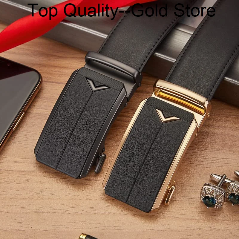 VANNANBA Mens Ratchet Leather Belt Automatic Buckle Slide Casual for Dress,Trim to Fit, with Gift Box