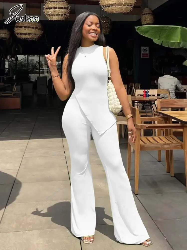 

Joskaa Casual Solid Sports 2 Piece Set Women Sexy Irregular Tank Top and High Waist Split Flared Pants Matching 2023 Streetwear