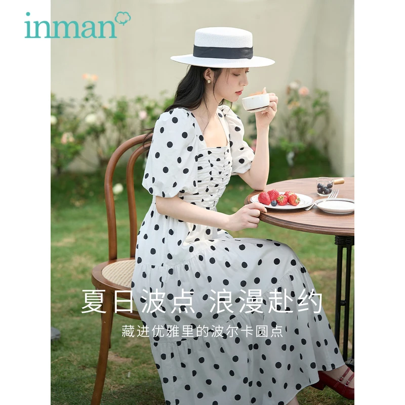 INMAN Women Dress 2023 Summer Design Short Sleeves Square Neck High Waist A-shaped Dot Printing French Elegance Classic Skirt