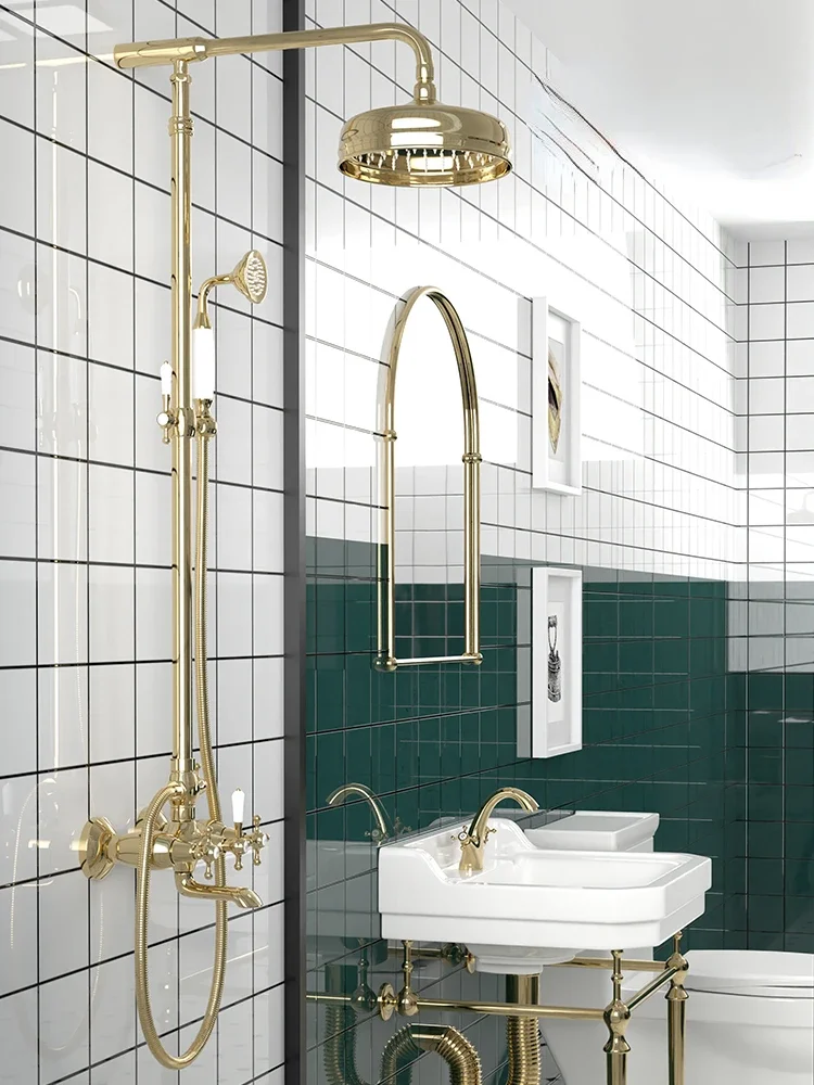 

Gold Household European Retro Boost Nozzle Shower Copper Bath Hot and Cold Shower Head Set
