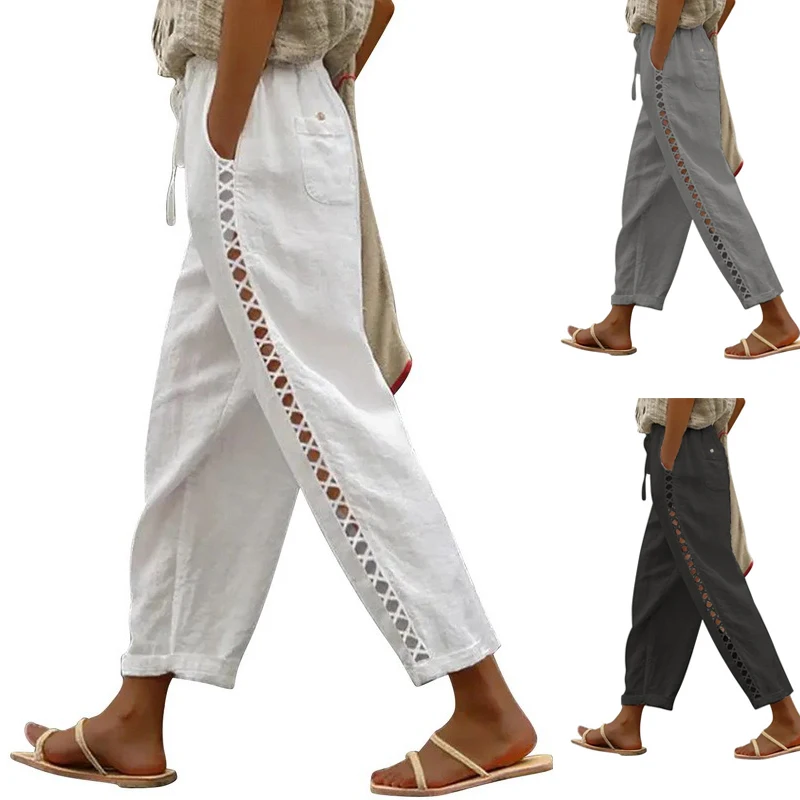 

Брюки женские кружевные с вышивкой, Модные Винтажные элегантные свободные длинные штаны на шнуровке, с карманами, с эластичным поясом, уличная одежда, на лето