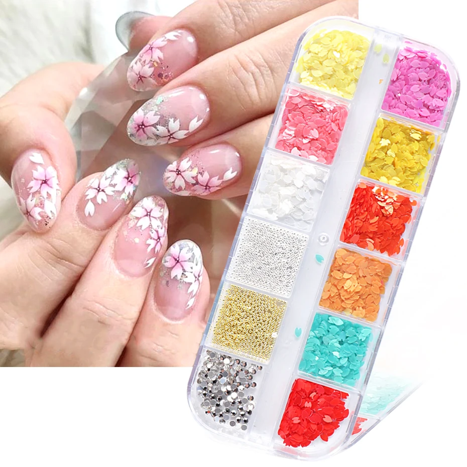 

Белые цветочные блестки для ногтей хлопья летние зеленые розовые лепестки сакуры 3D блестящие бусины для дизайна ногтей в японском стиле «с...