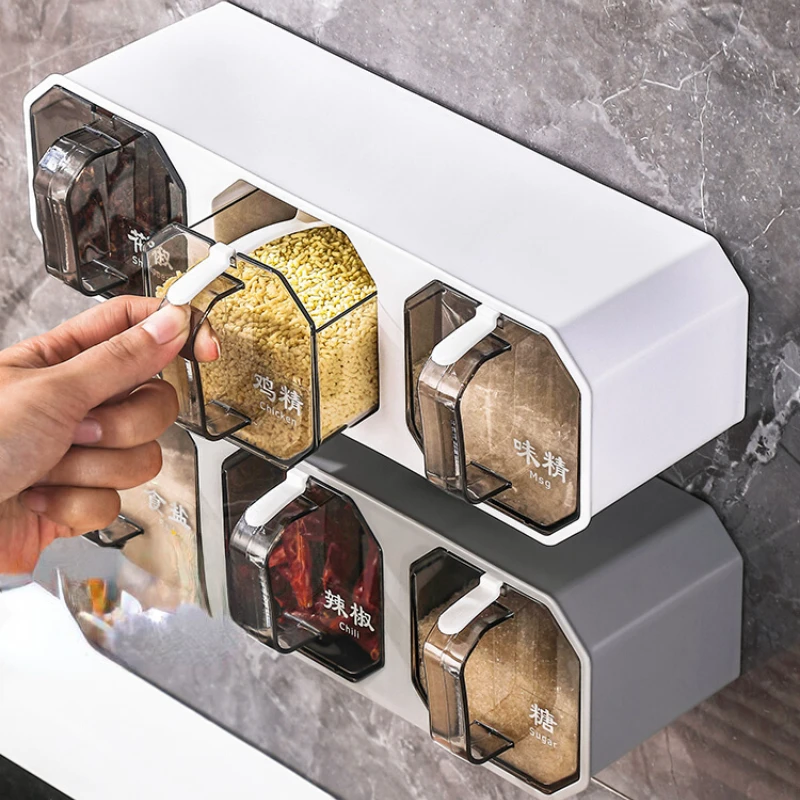 

Seasoning box Home kitchen salt seasoning jar storage box wall-hung punch-free monosodium glutamate seasoning combination set