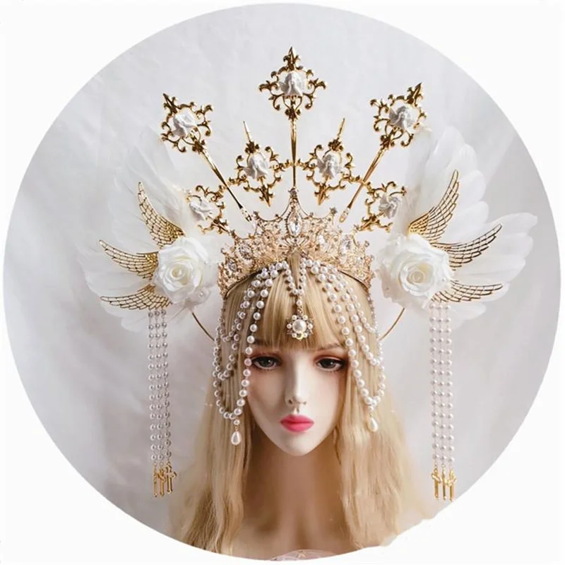 Lolita Sun Halo Crown Headpiece Tassel Bead Chain Angel Wings Rose Spiked Headband Gothic Vintage Mary Baroque Tiara Headwear