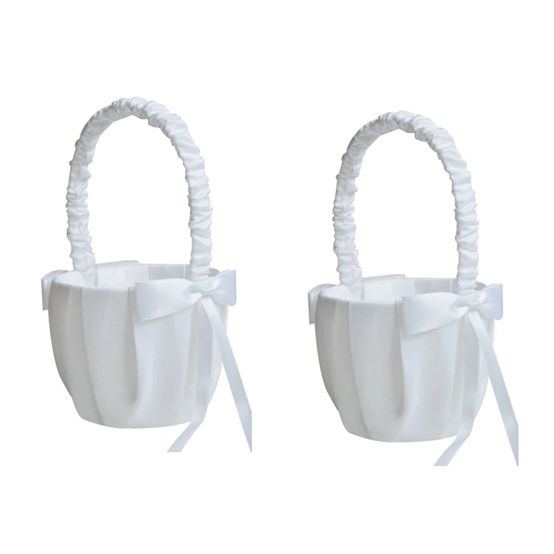 

2X Romantic Bowknot White Satin Wedding Ceremony Party Flower Girl Basket