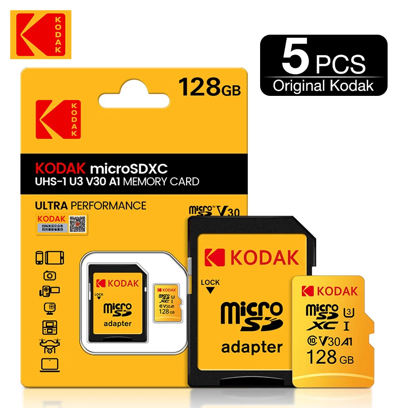 

Высокоскоростная карта памяти Kodak 100 Мб/с, карта MicroSD 128 ГБ, 32 ГБ, 64 ГБ, Ultra TFcard, класс 10, V30, U3 microSD для камеры, 5 шт.