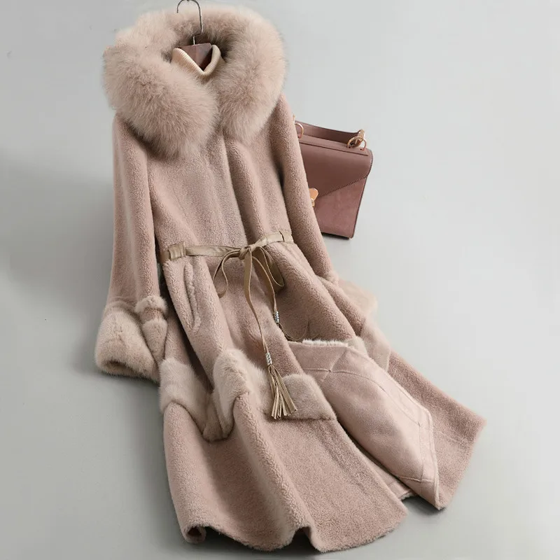 

Модное женское пальто из 2021 натурального меха, Женское пальто из 100% шерсти, женская одежда на осень и зиму, Женское пальто с капюшоном и воротником из лисьего меха FCY1965