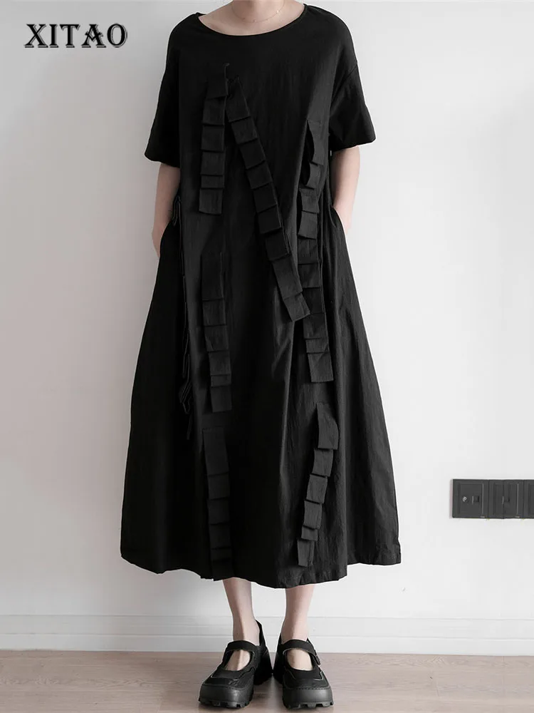 

XITAO Pleated Dress Pullover Small Fresh Black Half Sleeve 2022 Summer Goddess Fan Casual Style Loose Mid Calf Dress WMD6520