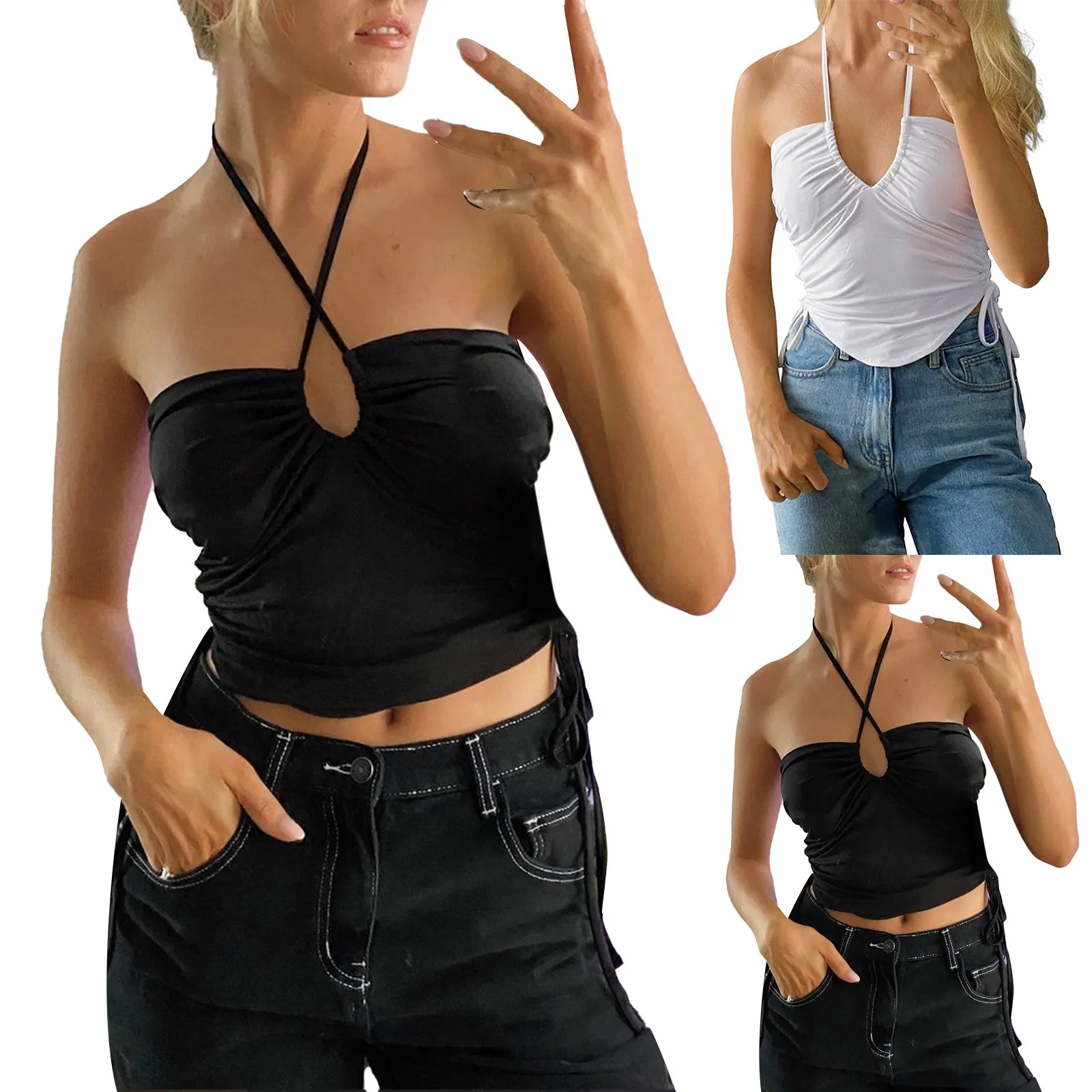 

Basics Ladies Crop Tops Women's Halter Sleeveless Sexy Unique Slim Fit Tank Top Athletic Women Camis Blouse Strapless Sports Tee