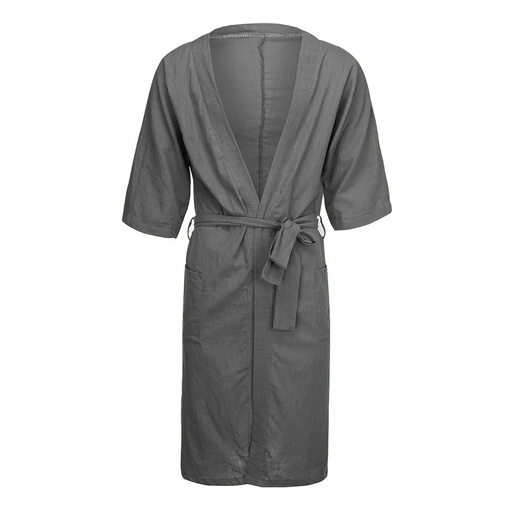Mens Robe Long Solid Color Linen Nightgown Bathrobe Men Kimono Spring Summer Lace-up Long Robe
