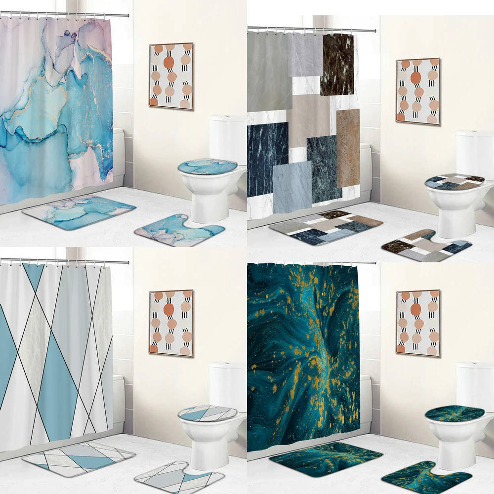 

Shower Curtain Set Luxury with Non Slip Rug Carpet Modern Marble Bathroom Curtains Toilet Lid Cover Bath Mat Home Decoration
