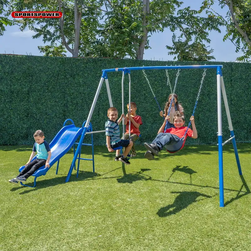 

Metal Swing Set with 2 Person Glider Swing, 5ft Slide & 2 Adjustable Sling Swing Seats