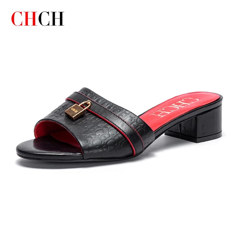 CHCH 2023 Summer Slippers Women's Shoes Low Heel Leather Comfortable Women's Sandals Open-Toe Outdoor Slippers Beach Shoes
