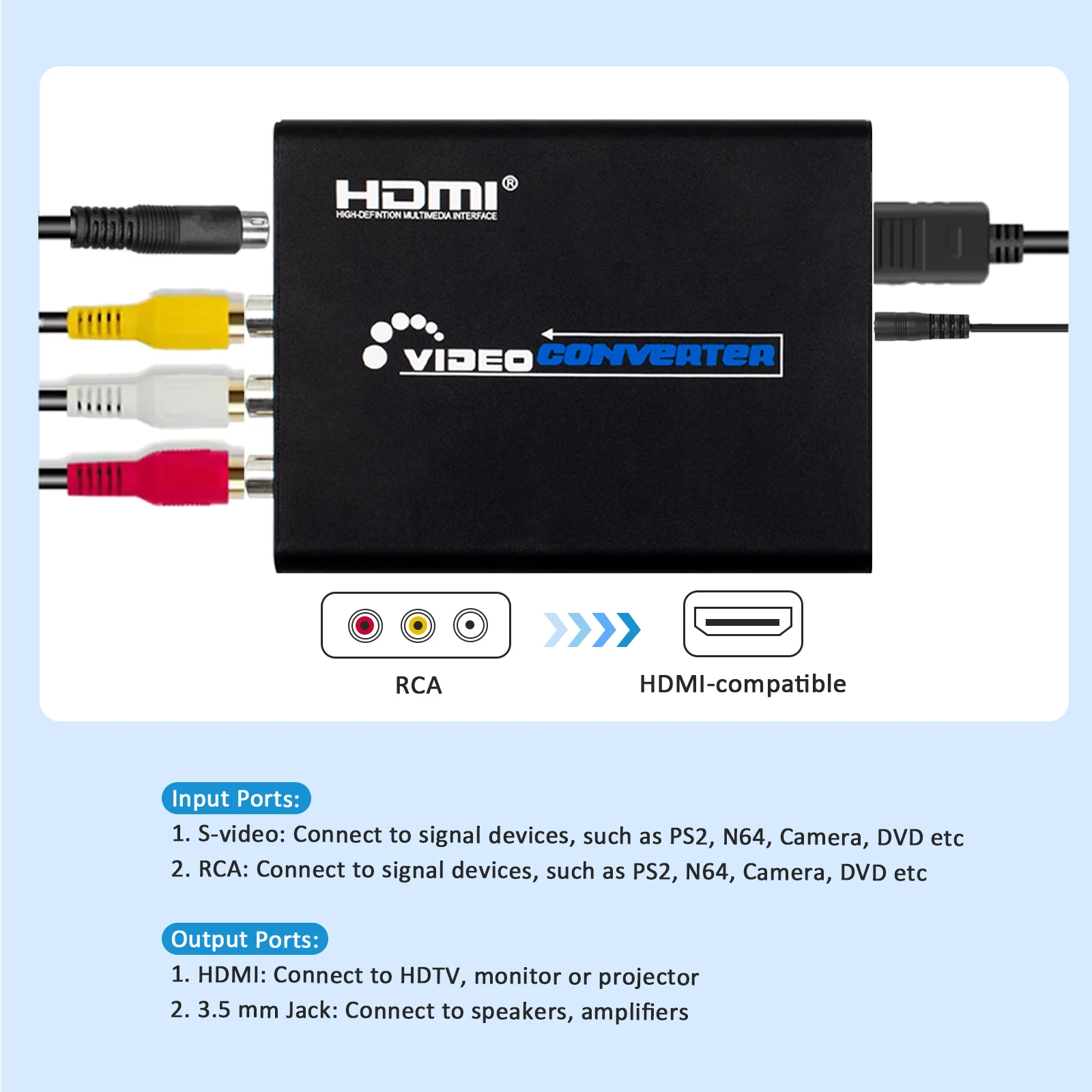 Фото Конвертер AV S Video CVBS в HDMI Upscaler HD 3RCA в HDMI адаптер с поддержкой переключателя PAL/NTSC для VHS/N64/PS2/WII в HDTV №3