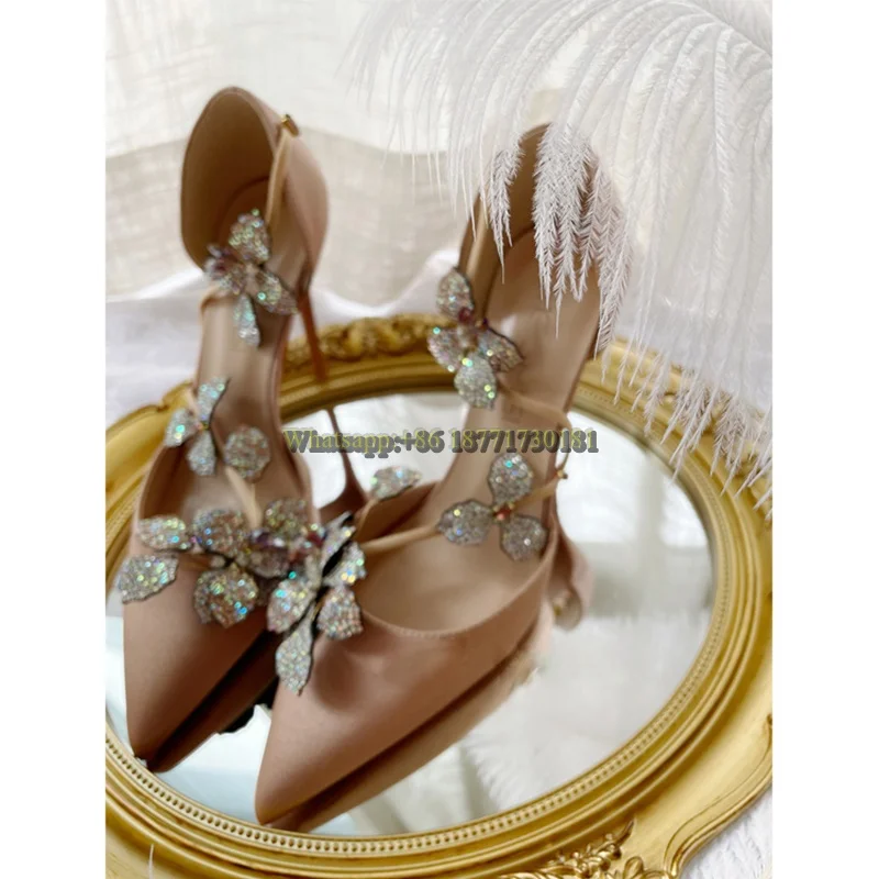

6cm 8cm 10cm Summer Champagne Wedding Shoes Rhinestone Word With Flower Hollow Pointed Toe High Heel Women's Stiletto Sandals