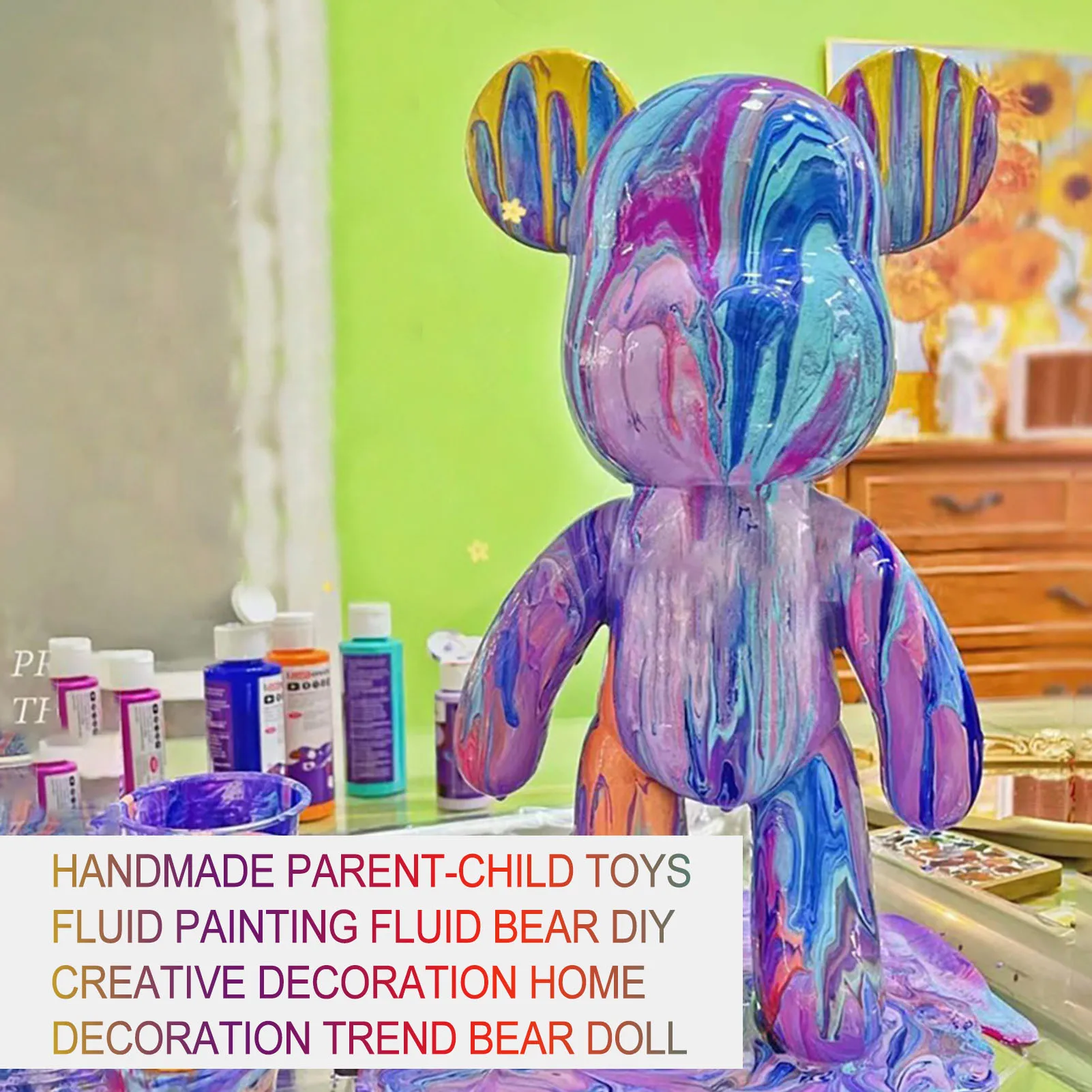 

23cm DIY Painting Violence Bear Bearbricks Manual Fluid Painting Creative Home Room Decoration Hand Made Doll Figurine Toys Gif