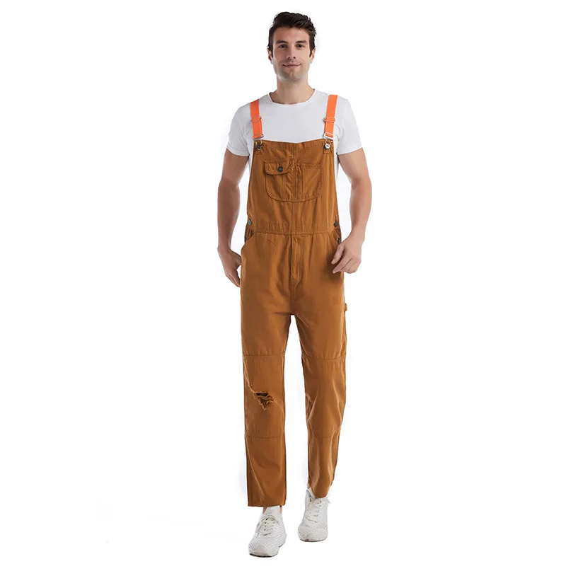 Mens Jeans Brown Strappy Denim Trousers Suspenders Elasticityless Jumpsuit Cargo Jeans Streetwear Pants for Men and Women 5XL