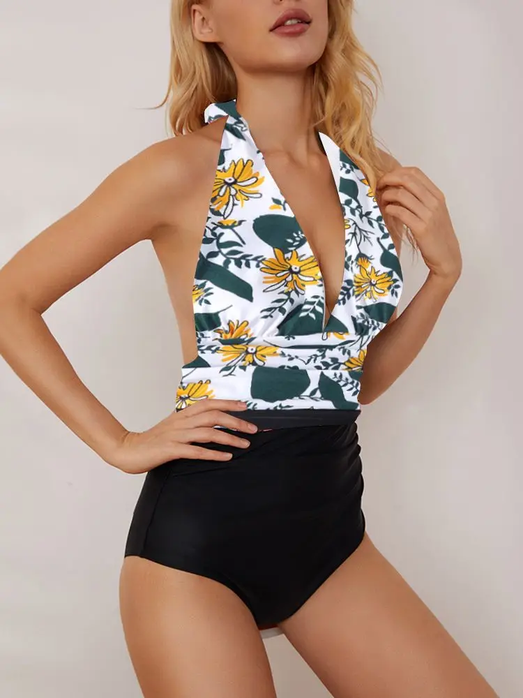 Floral Deep V-neck Halter One-Piece Swimsuit Sexy Backless Lace Up Women Monokini 2022 Beach Bathing Suits Swimwear Patchwork