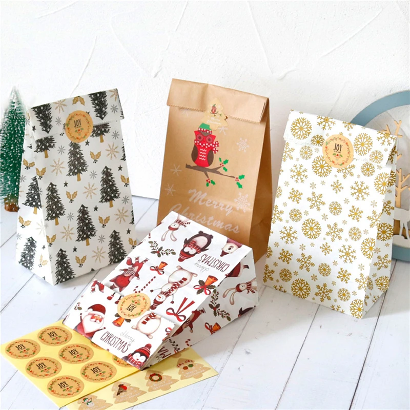 

12Sets Christmas Kraft Gift Bags Santa Claus Snowman Xmas Tree Paper Bag with Stickers Party Favor Wrapping Supplies Envelopes