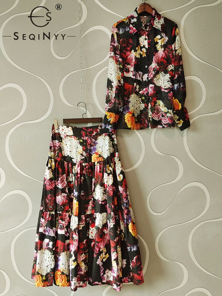 

SEQINYY Sicily Suit Summer Spring New Fashion Design Women Runway High Street Shirt + A-Line Midi Skirt Vintage FLowers Print