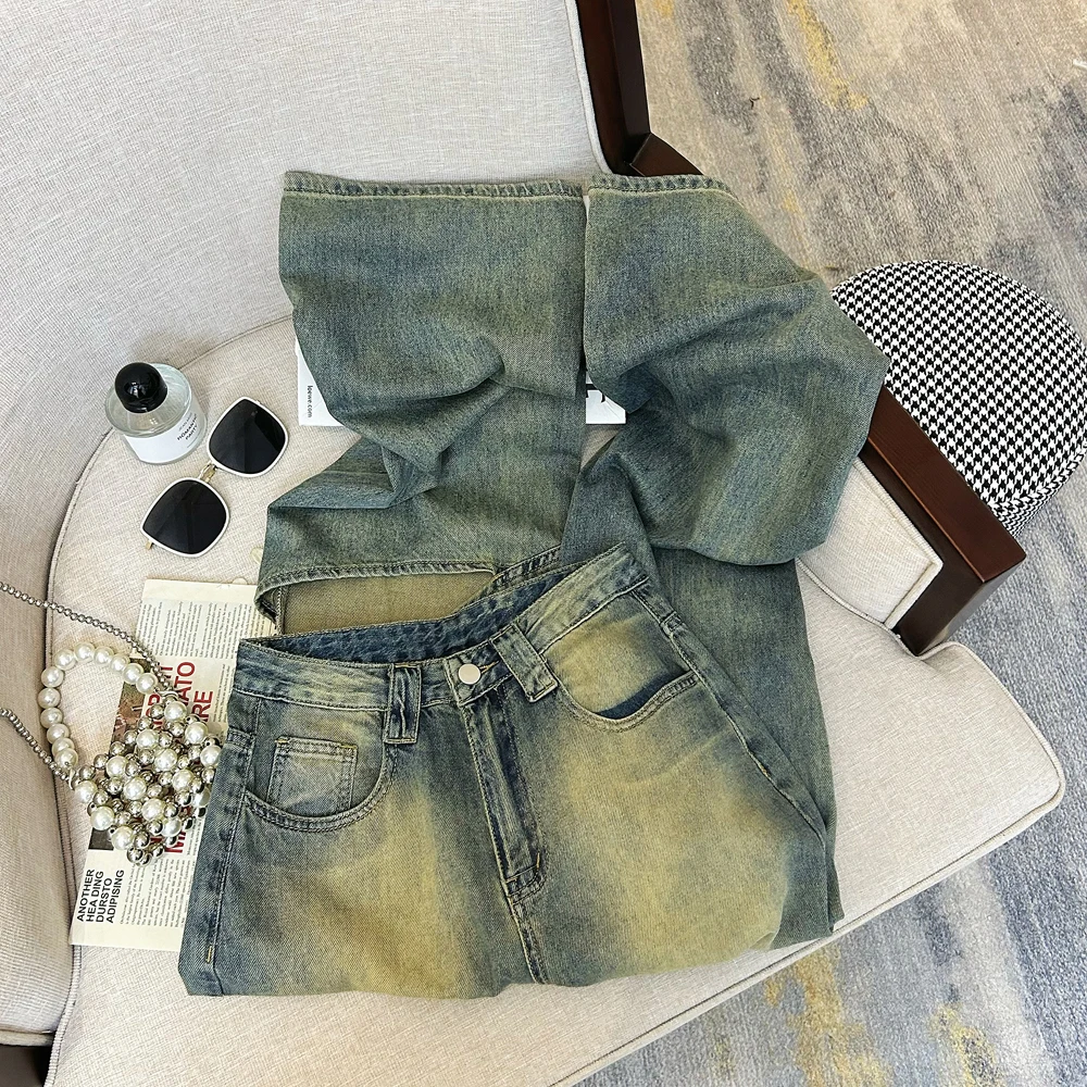 

Женские джинсовые брюки с дырками, винтажные прямые синие джинсы с высокой талией и широкими штанинами, весна-осень