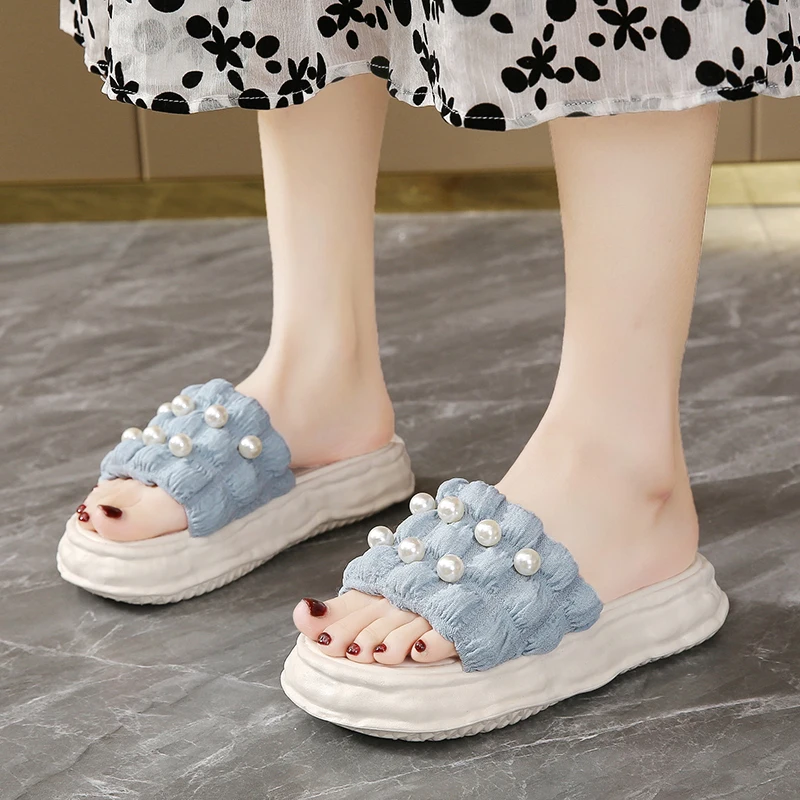 

Flat Shoes Female Low String Bead Summer Clogs Woman Pantofle Ladies' Slippers Platform Beach 2022 Soft PU Slides Rome Beach Sho