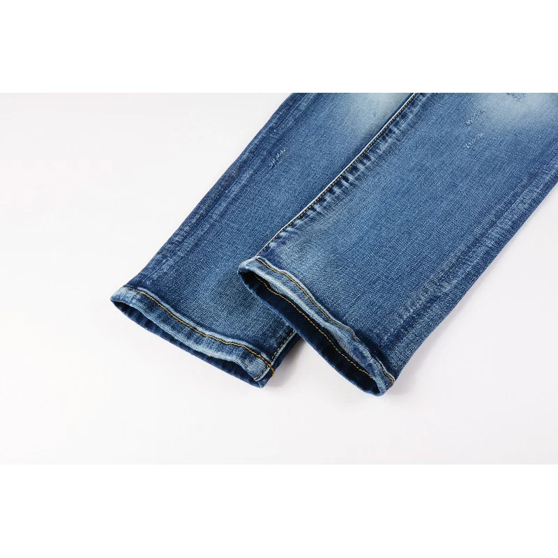 Men's Light Blue Distressed Slim Fit Streetwear Style Colorful Bandanna Patchwork Skinny Stretch Holes High Street Ripped Jeans