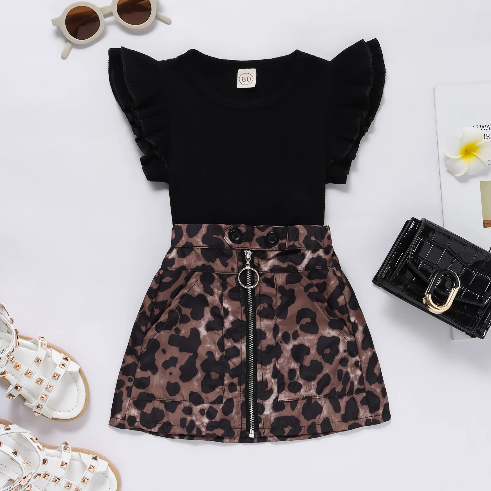 

New Fashion Trend Baby Girls Clothing 2023 Summer Flying Sleeve Top+Leopard A-Line Skirt Baby Girls Clothes Set 6M-4T 2Piece Set