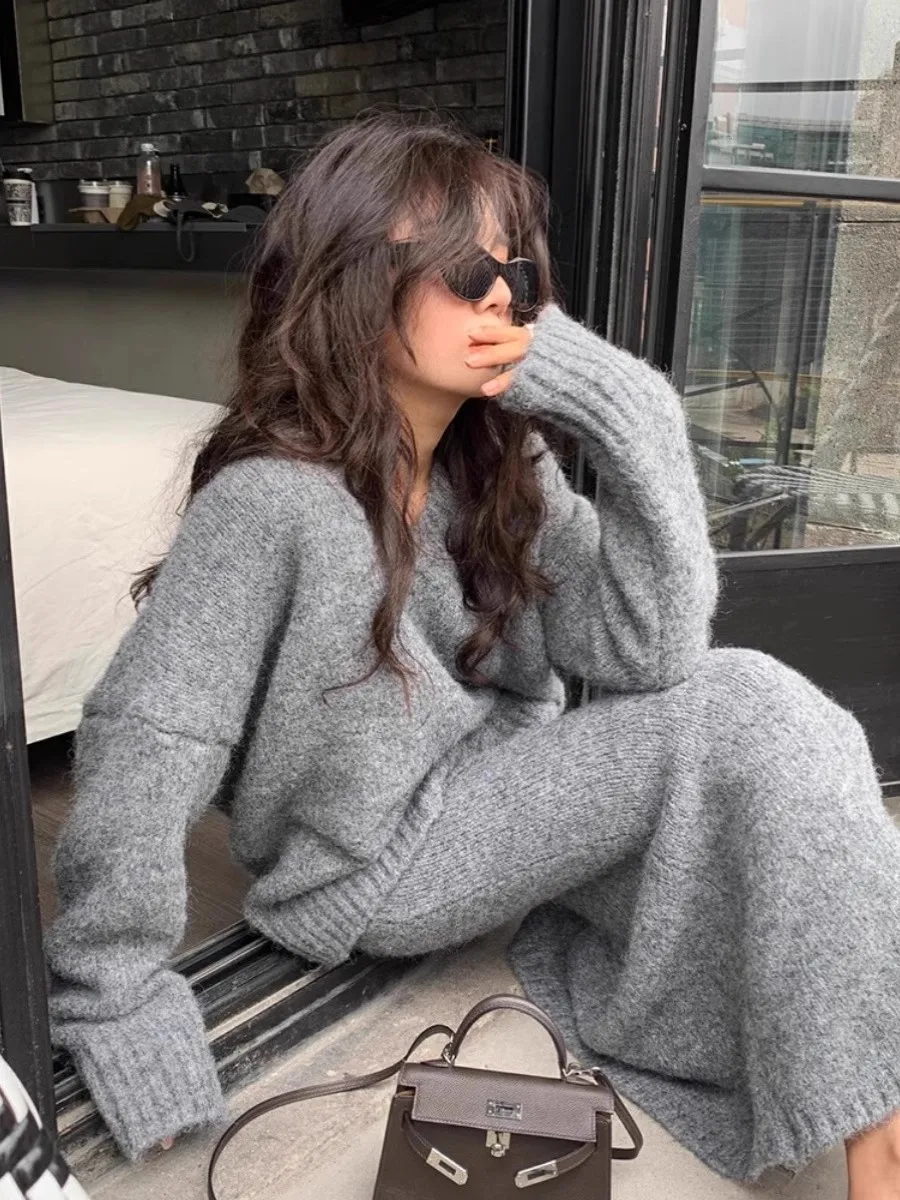 Свитер в ленивом стиле комплект юбки для женщин осенне-зимний пуловер с