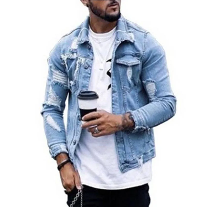 

Мужская джинсовая куртка с отложным воротником, однотонная Асимметричная куртка из денима с дырками, модная одежда для осени