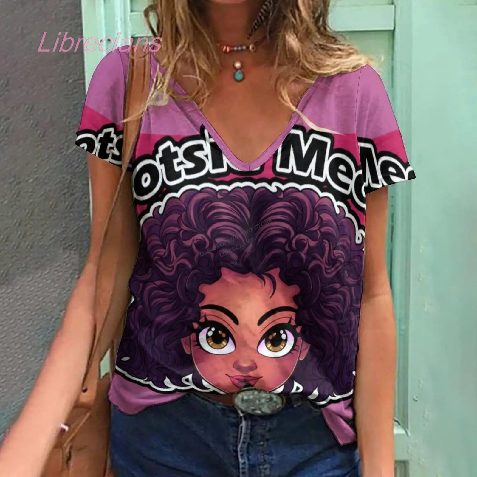

Vintage African Girl Pattern T Shirt Summer T Shirts V-Neck Women 3D Print Fashion Oversized Short Sleeves Girls Clothing