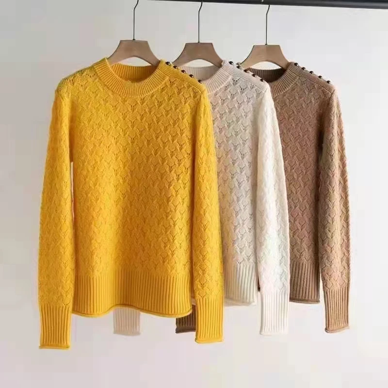 Enlarge 100%Cashmere Knitted Sweaters 2022 Autumn Winter Pullovers High Quality Women Crochet Knitting Beading Shoulder Yellow Jumper