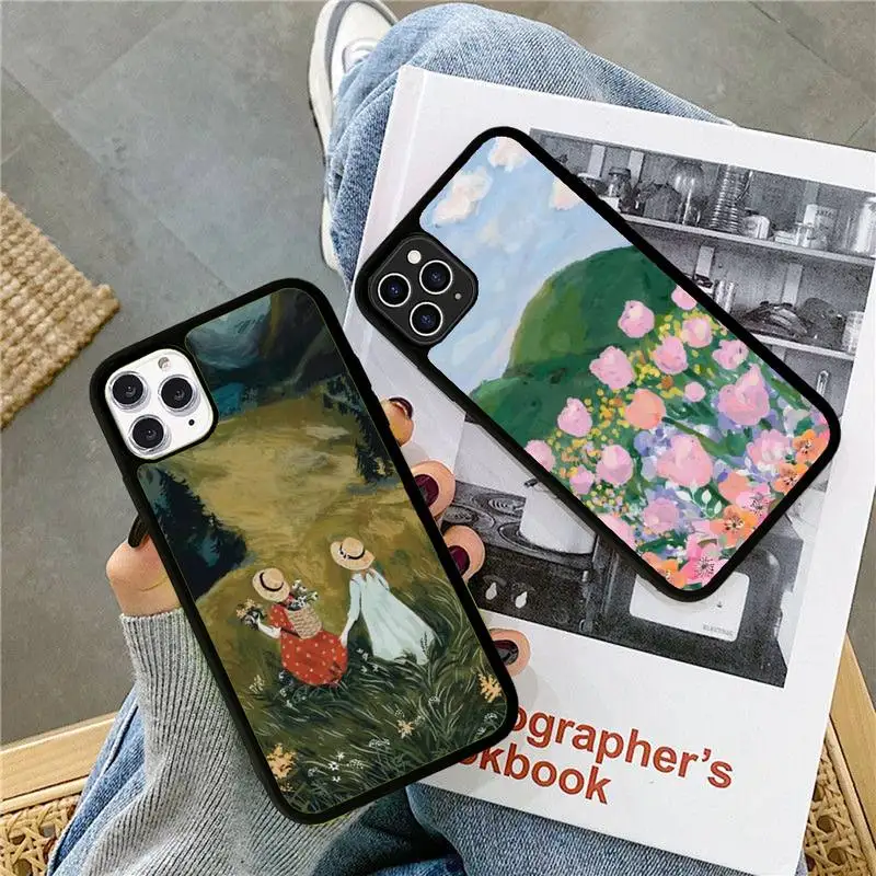 

Cartoon Scenery Girl Phone Case Silicone PC+TPU Case for iPhone 11 12 13 Pro Max 8 7 6 Plus X SE XR Hard Fundas