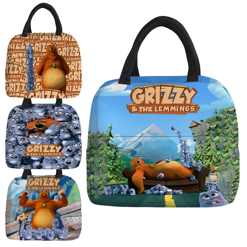 

Grizzy and the Lemmings Portable Lunch Bag Thermal Picnic Bag Handbag Bento Box Zipper Meal Prep Cooler Pack Food Storage Bags