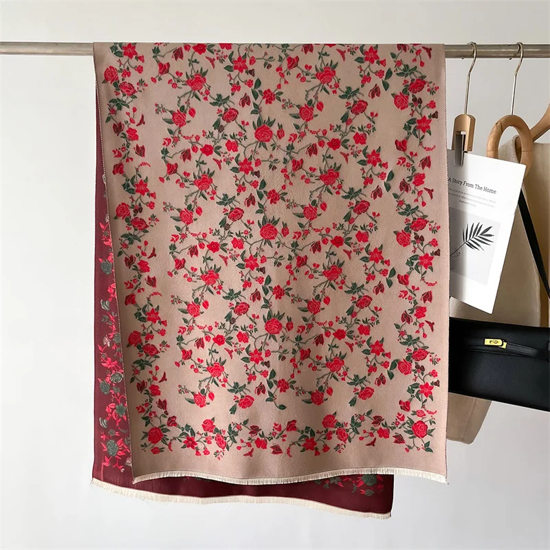 Теплый женский роскошный кашемировый зимний плед повседневный цветочный принт