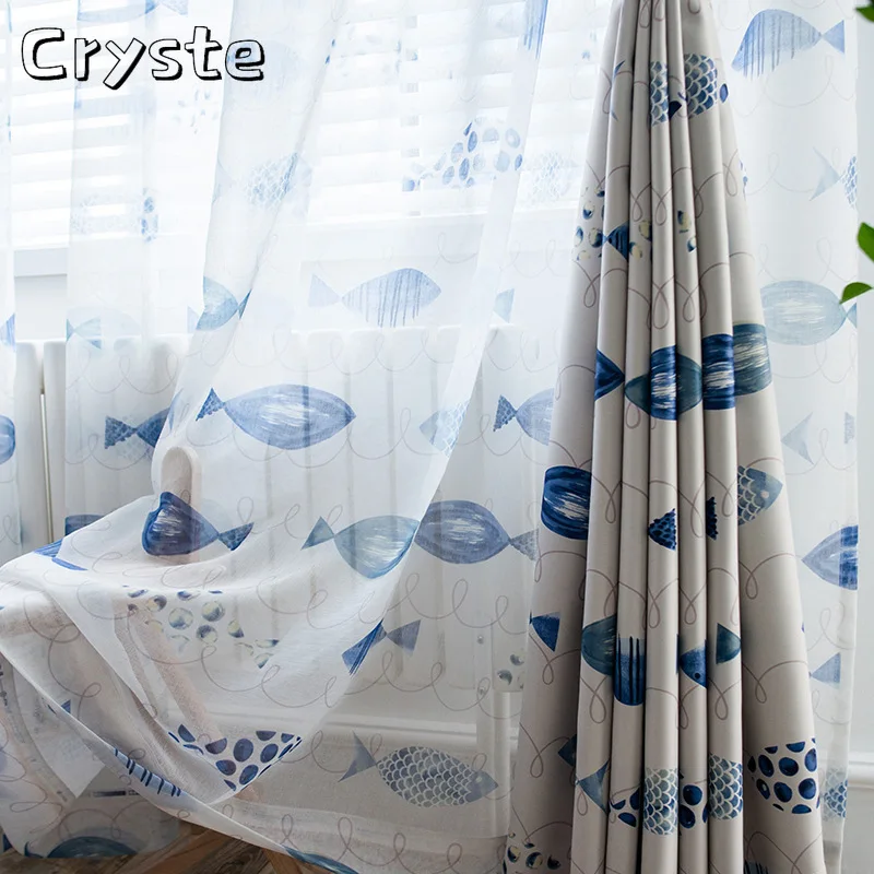 

Modern simple and fresh ocean fish printing curtains thickening shading custom curtains