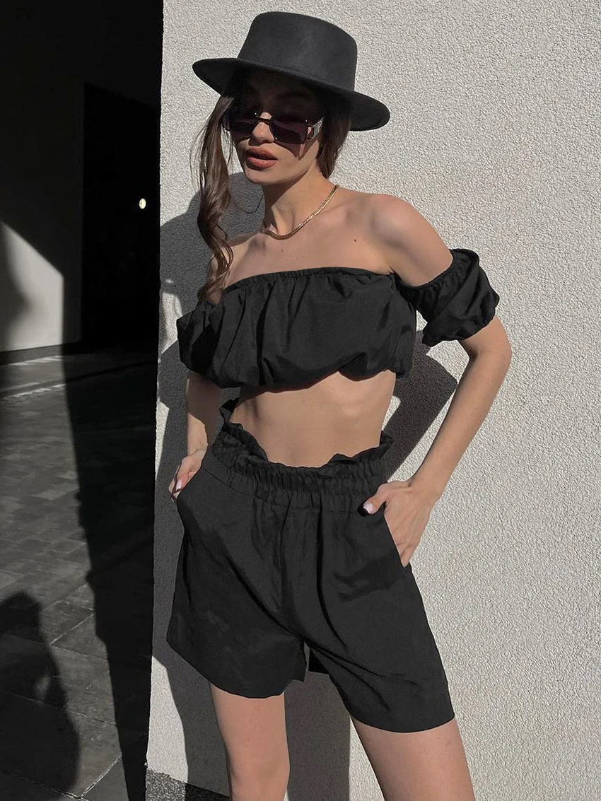 

alinemyer Summer Street 2 Piece Sets Women Shorts Outfits Slash Neck Crop Top And Elastic Waist Shorts Party Ladies Suits 2022