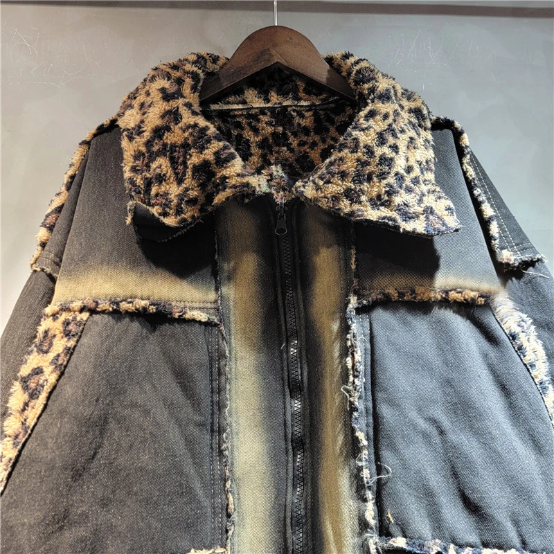 DEAT женское джинсовое пальто из плотного плюша с двусторонним леопардовым узором